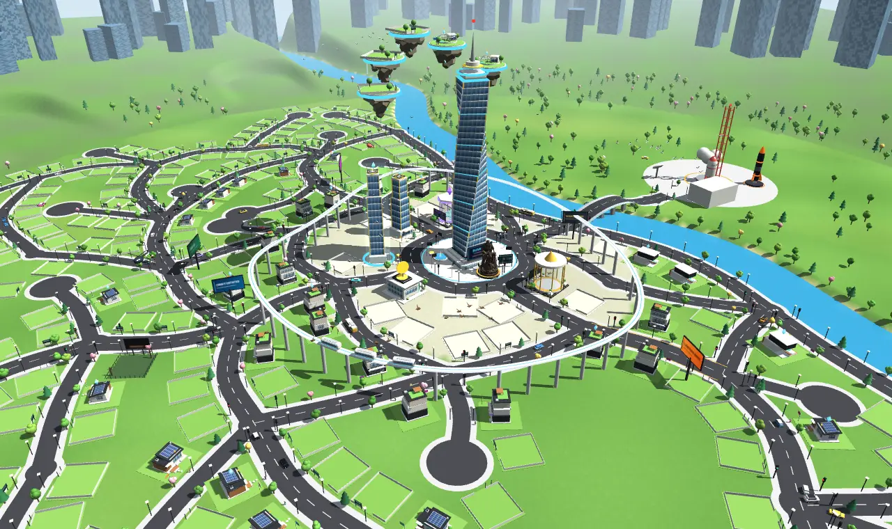 Daytime aerial view of Unsold City with the river and downtown