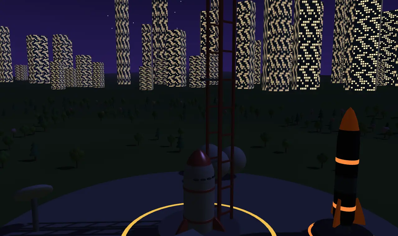 The community Moon rocket on its pad at night