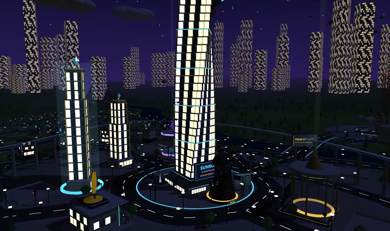 Downtown at night with lit windows